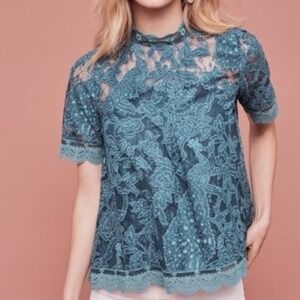 NWT Anthropologie HD In Paris Meadows Lace Blouse Womens 2 Mock Neck‎ Scalloped